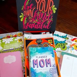 Variety of advanced coloring books for gel pens ect. 2 day planners and paper